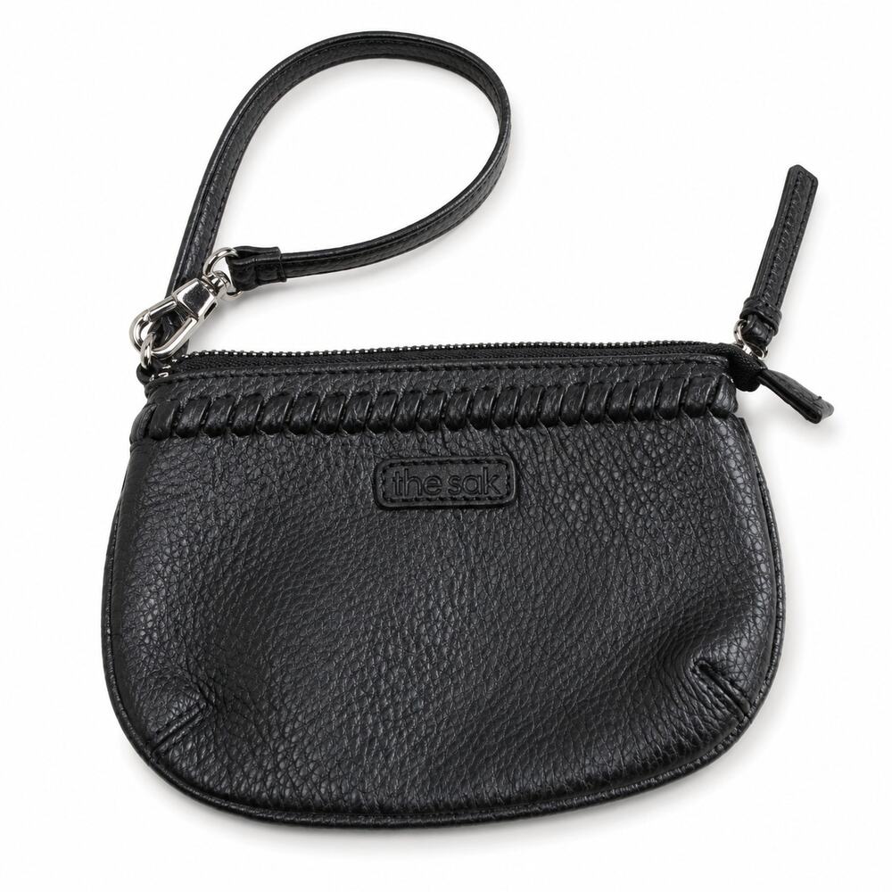 Bebe Black Pebbled Leather Zip Wristlet Pouch Clutch Leopard Print Lining